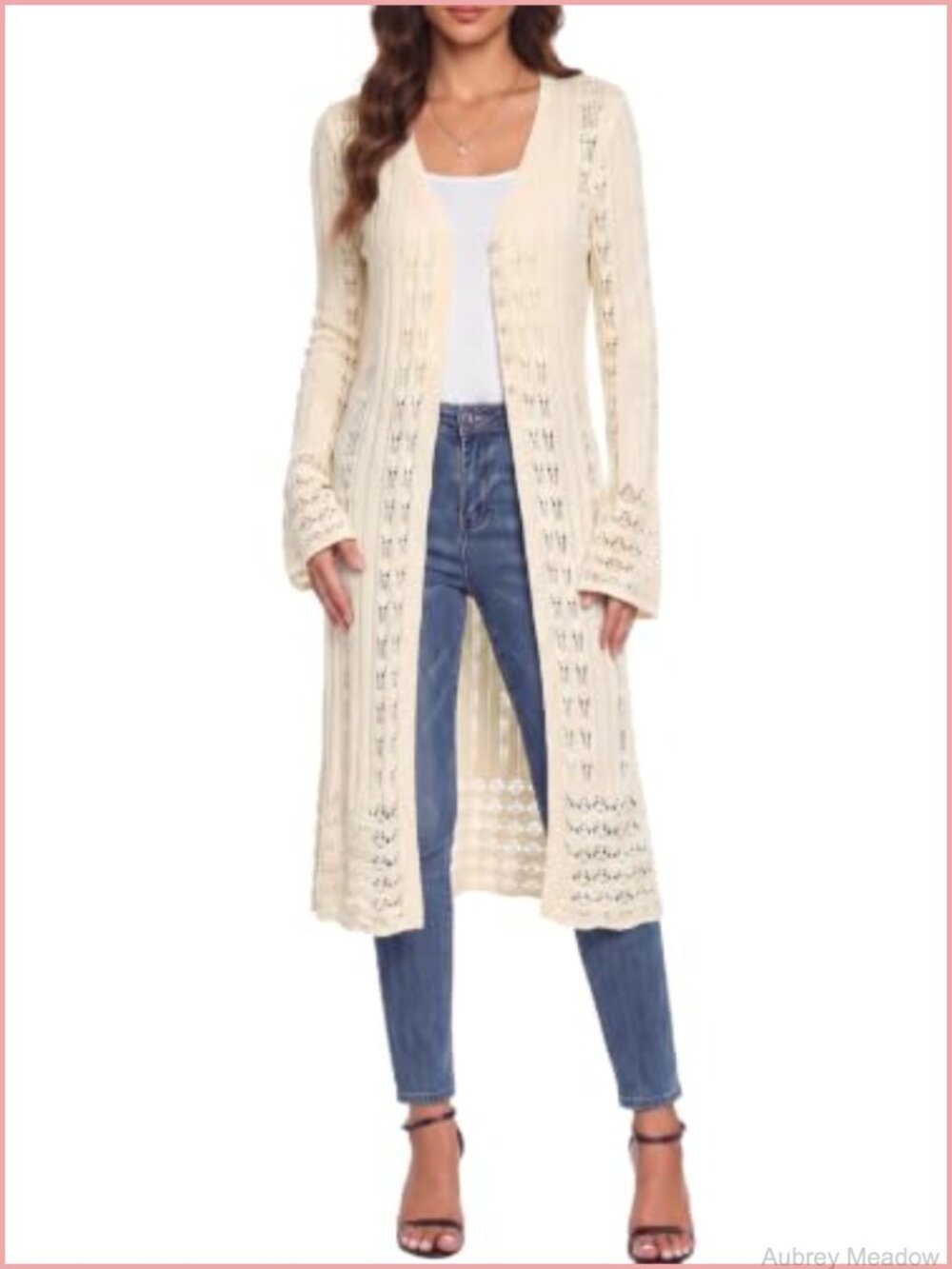 Women's Long Bell Sleeve Crochet V-Neck Loose Knit Cardigan